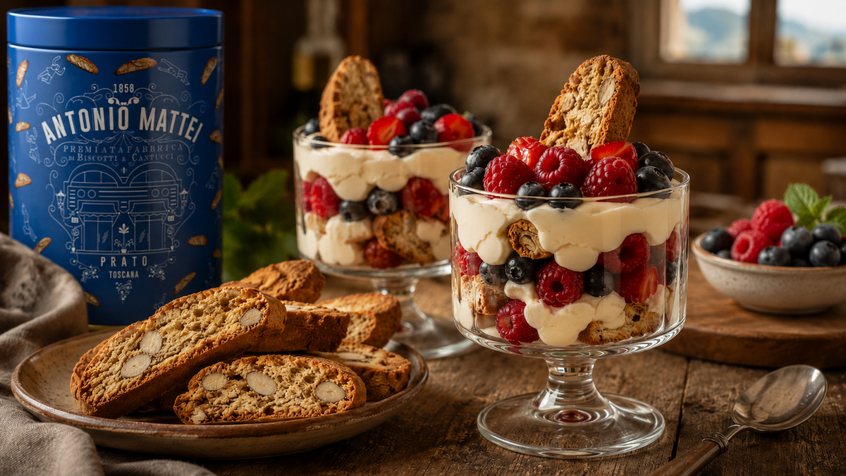 Rustinen italialainen jälkiruoka, jossa on mascarponea, tuoreita marjoja ja cantuccia laseissa sekä Antonio Mattei -cantuccipurkki ja keksejä puisella pöydällä.