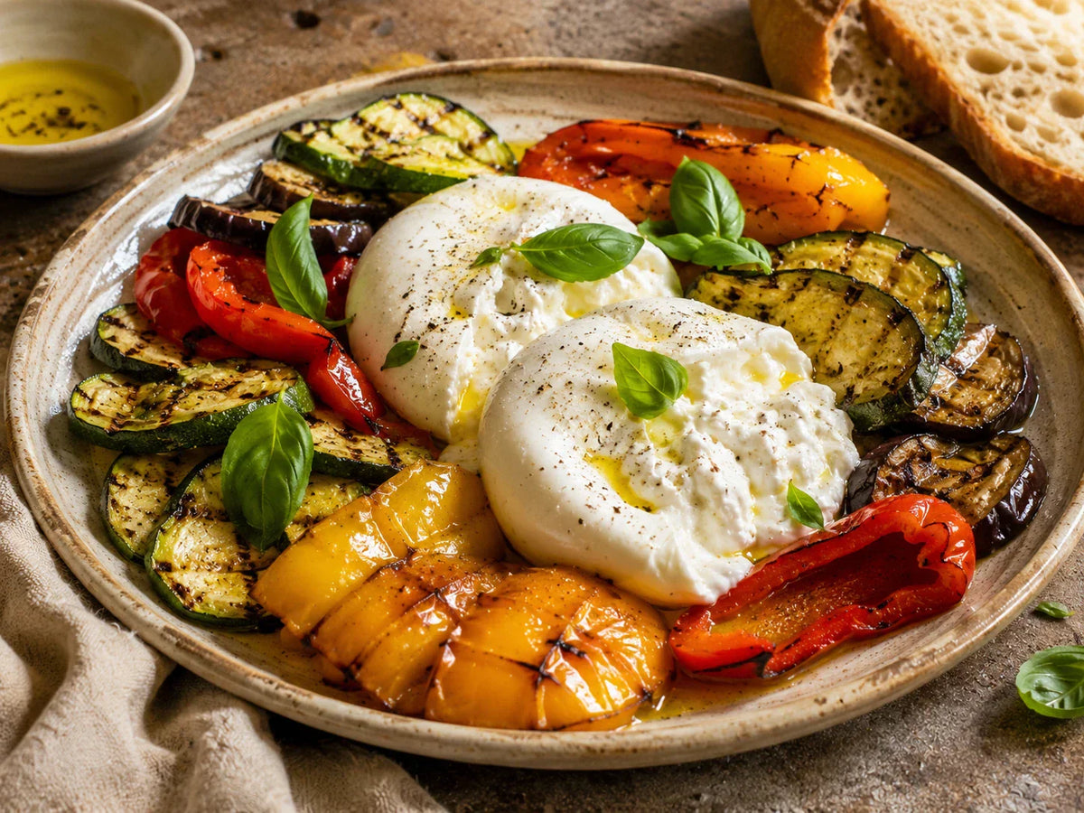 Burrata ja grillatut kasvikset Olio Vù -öljyllä