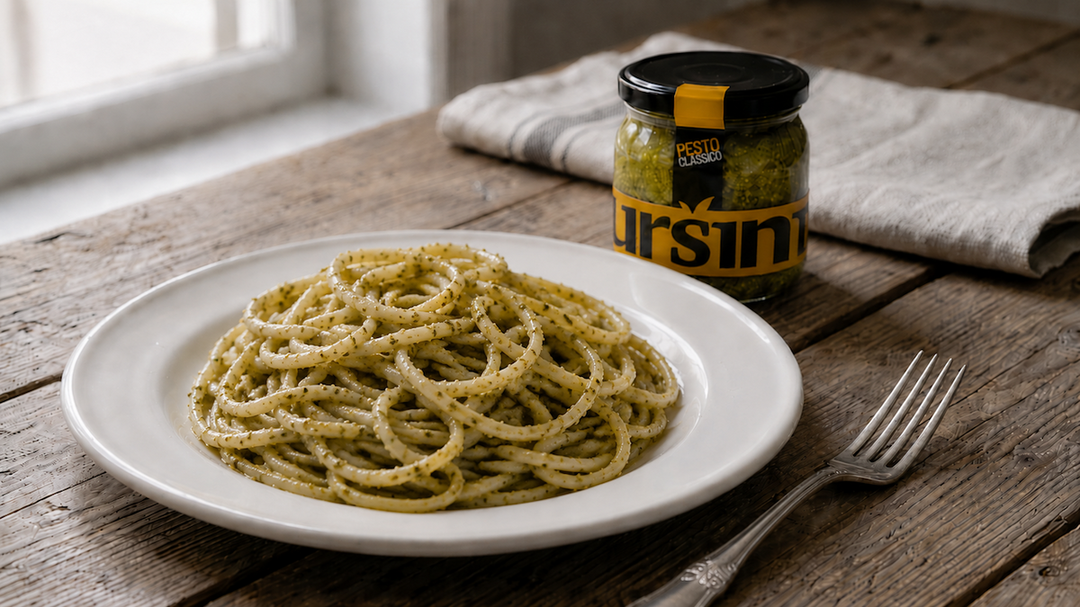 Spagetti pestokastikkeella valkoisella lautasella, taustalla Ursini Pesto Classico -purkki rustiikkisella puupöydällä.
