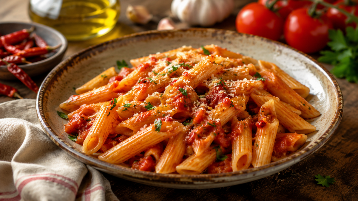 Rustinen italialainen pasta alla arrabbiata tomaattikastikkeella, chilillä, valkosipulilla ja yrteillä tarjoiltuna keraamisella lautasella.