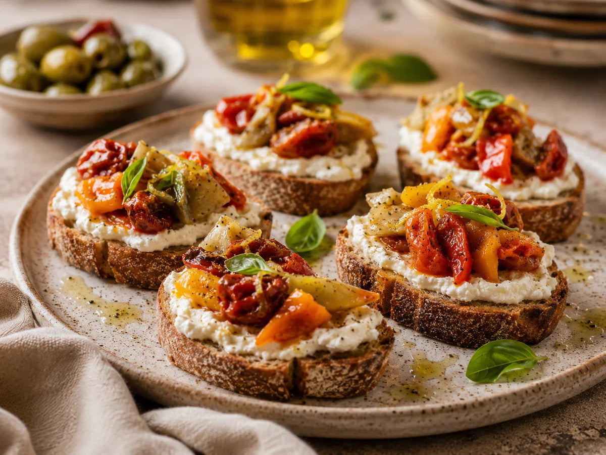 Crostinit kasvissäilykkeellä ja ricottalla - Olivon italialainen resepti 