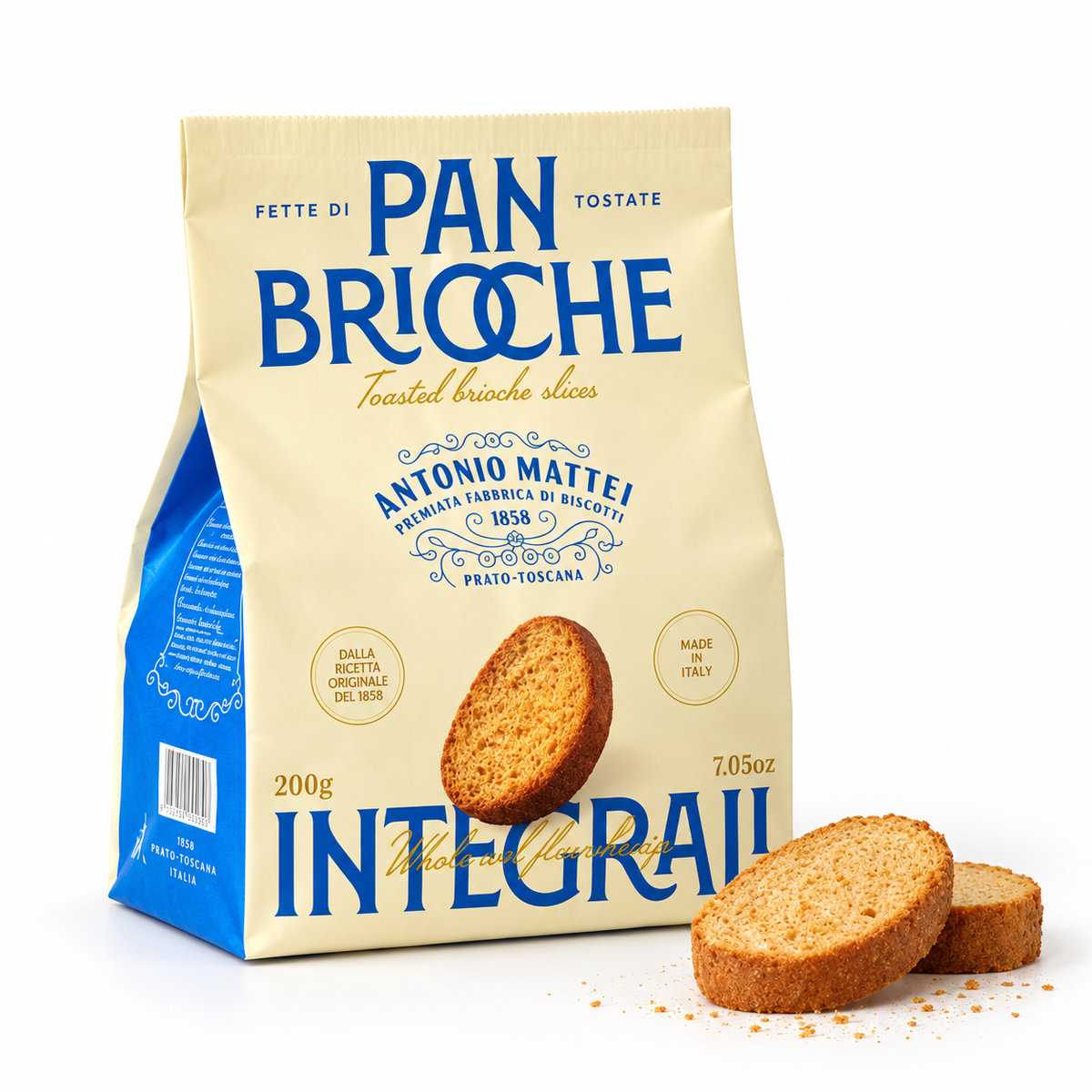 Antonio Mattei Pan Brioche Integrali 200 g – italialaiset paahdetut täysjyväbriossiviipaleet alkuperäispakkauksessa, kaksi rapeaa viipaletta pakkauksen edessä.
