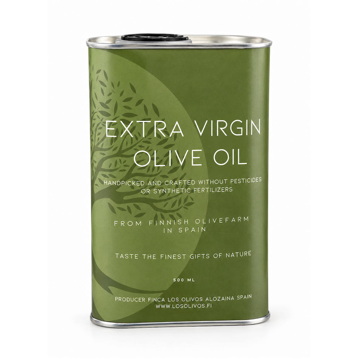 Finca Los Olivos ekstra-neitsytoliiviöljy 500 ml, vihreä metallipakkaus.