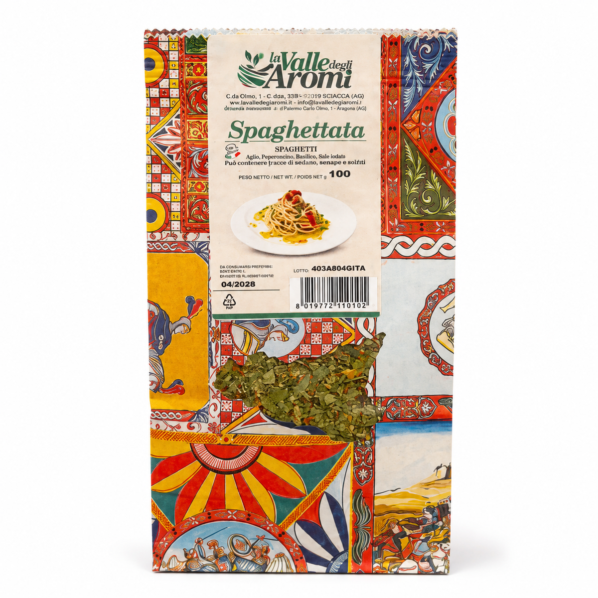 La Valle degli Aromi Spaghettata 100 g – sisilialainen pastamausteseos, jossa on valkosipulia, chiliä ja basilikaa.