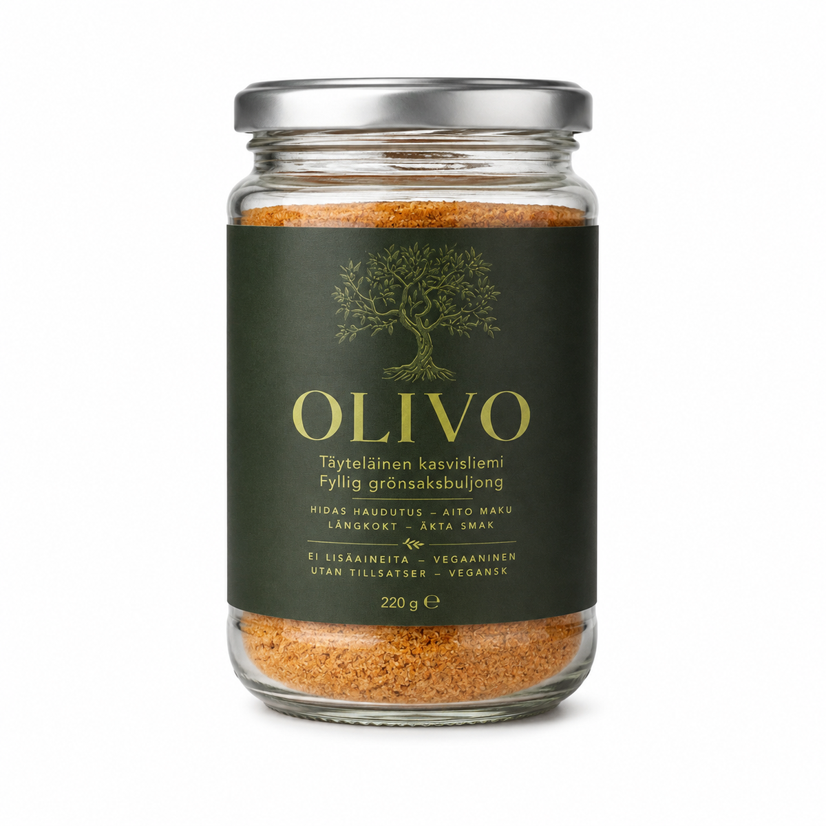 OLIVO täyteläinen kasvisliemi 220 g lasipurkissa valkoisella taustalla