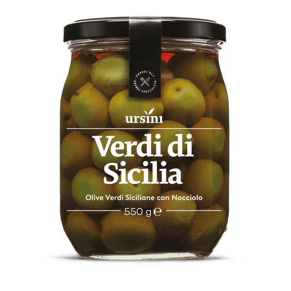 SISILIAN VIHREÄT OLIIVIT SUOLALIEMESSÄ | 550g - Ursini - Olivo.fi
